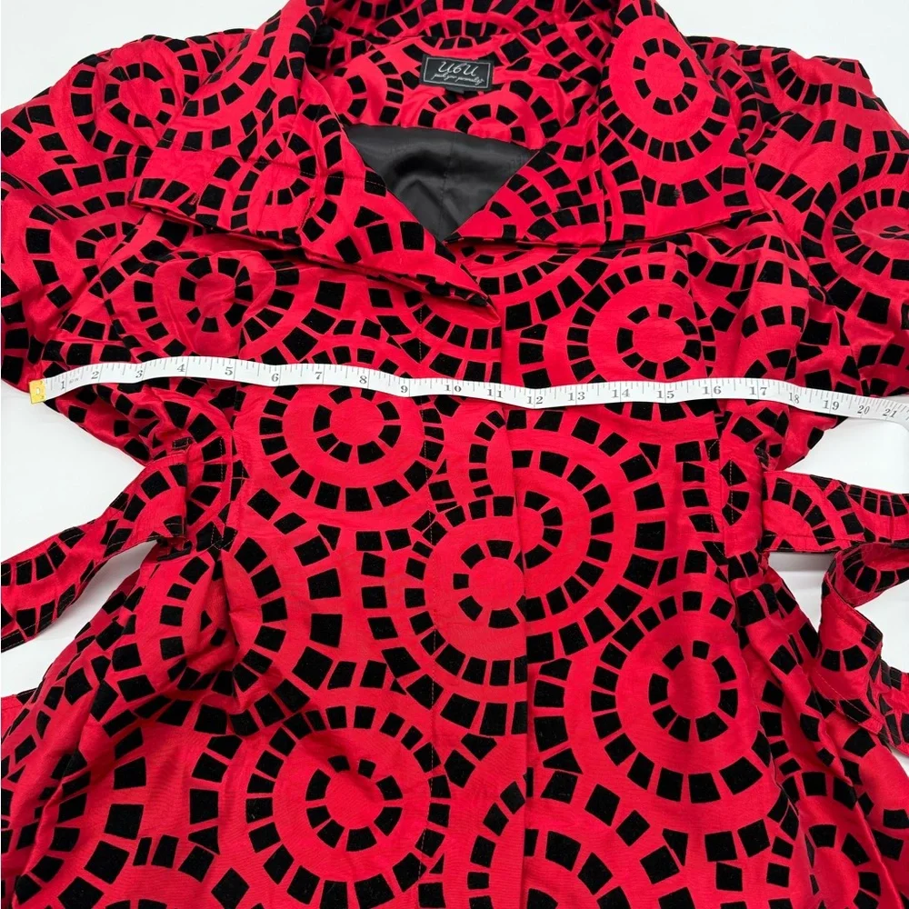 UBU Red Black Velvet Flocked Belted Statement Jacket Large - Picture 8 of 12